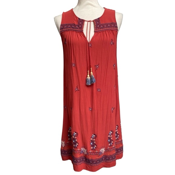 Ann Taylor LOFT Embroidered Brick Red Dress Medium | Boho Tassel Tie Sleeveless - Picture 1 of 13
